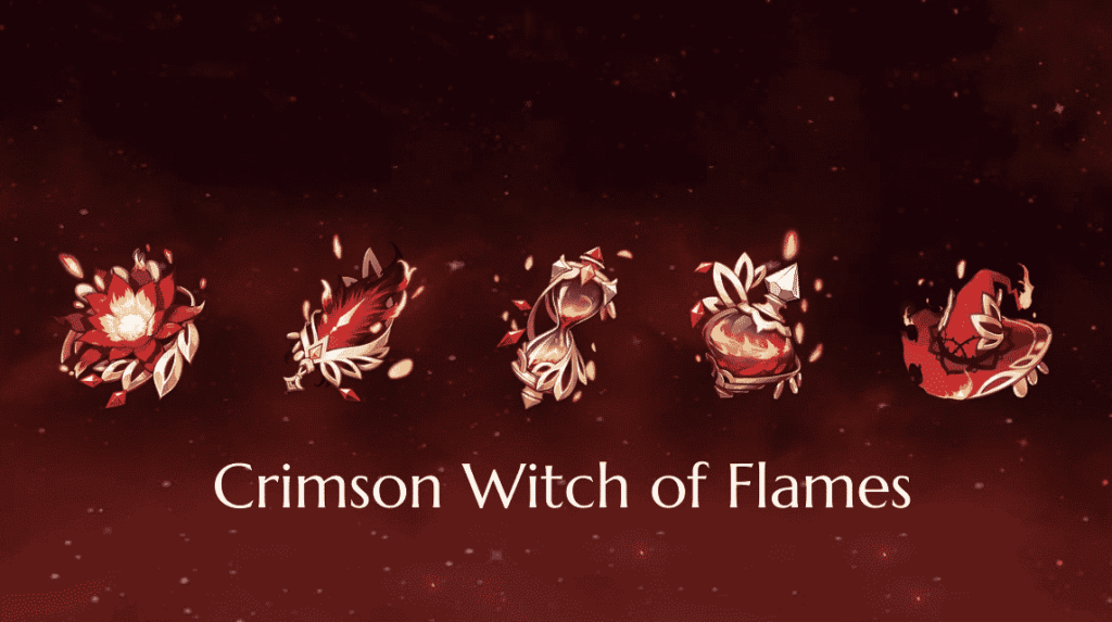 Genshin Impact set of Crimson Witch of Flames artefacts (ensemble d'artefacts de la Sorcière cramoisie des flammes)