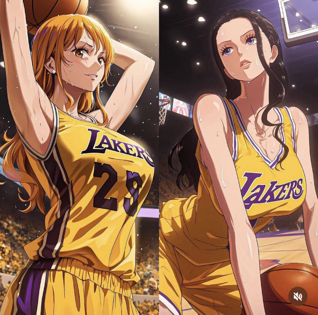 Image AI de Nami et Nico Robin de One Piece en tant que joueurs des Lakers