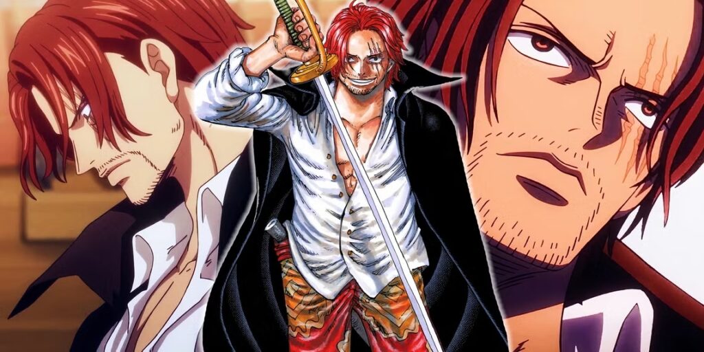 shanks souriant tenant son épée avec un profil latéral de shanks à gauche et un plan rapproché de shanks.