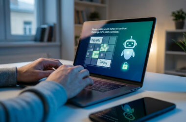 Mains d'une personne utilisant un ordinateur portable affichant un test de vérification CAPTCHA avec un robot.