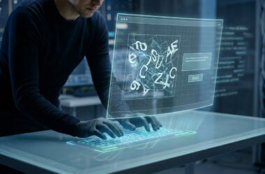 Un technicien utilise un clavier holographique pour résoudre un test CAPTCHA complexe dans une salle de serveurs.