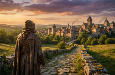 Un voyageur en cape à capuche regarde un château médiéval au coucher du soleil.