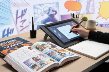 Un illustrateur dessine sur une tablette numérique avec des manuels de manga et des outils de dessin sur le bureau.