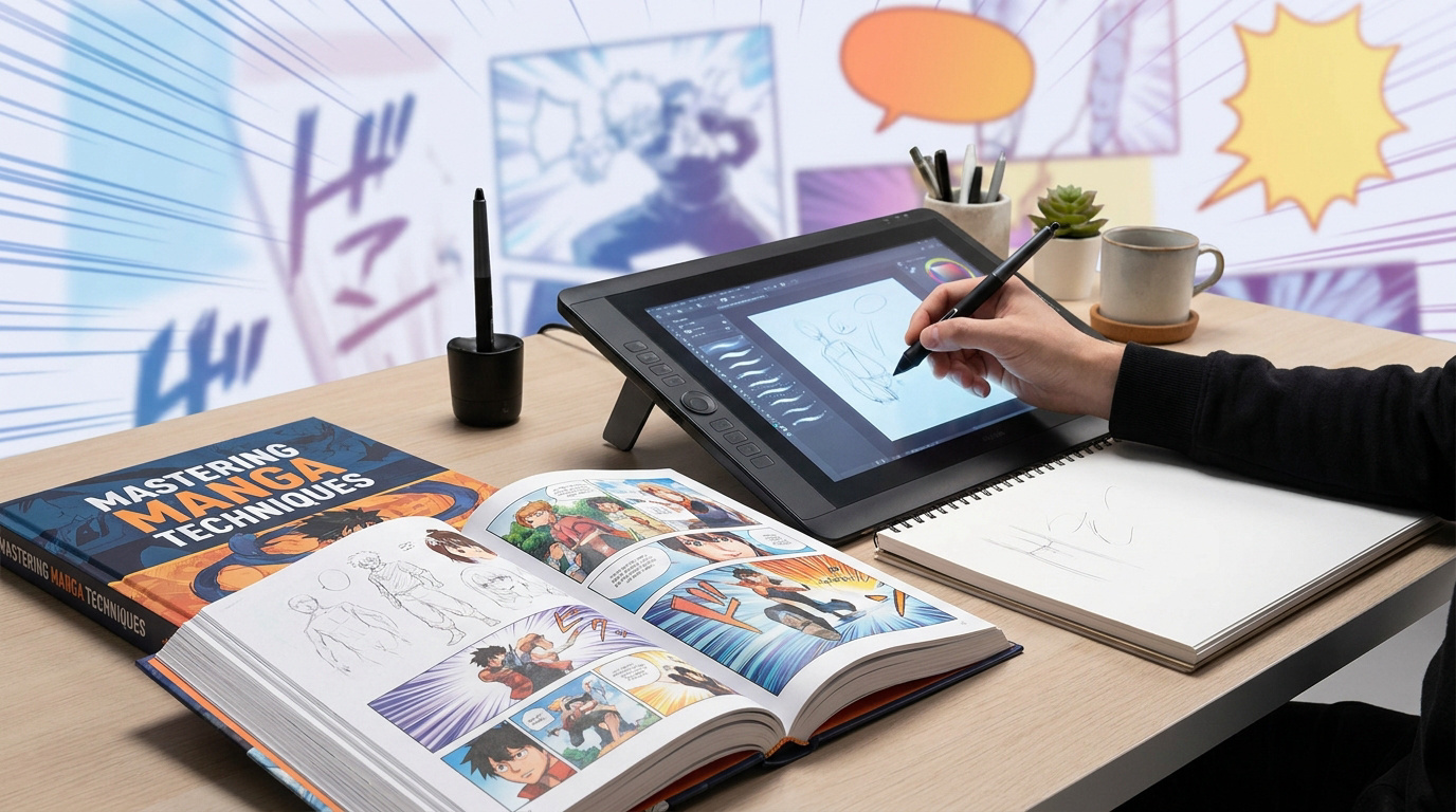 Un illustrateur dessine sur une tablette numérique avec des manuels de manga et des outils de dessin sur le bureau.