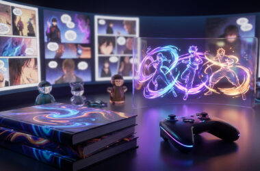 Une manette de jeu devant des mangas et un écran holographique affichant des personnages de combat animés.