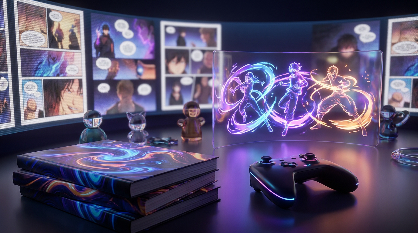 Une manette de jeu devant des mangas et un écran holographique affichant des personnages de combat animés.