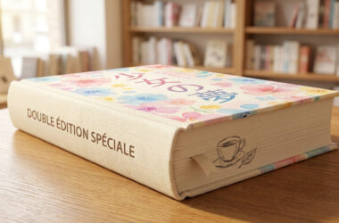 Livre avec une couverture fleurie sur une table en bois dans une bibliothèque.
