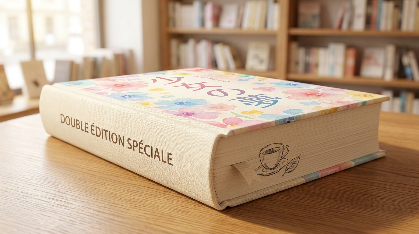 Livre avec une couverture fleurie sur une table en bois dans une bibliothèque.