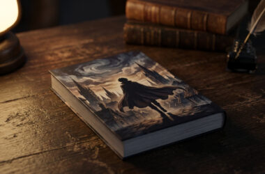 Livre illustré posé sur un bureau en bois avec une silhouette en cape dans une ville gothique.
