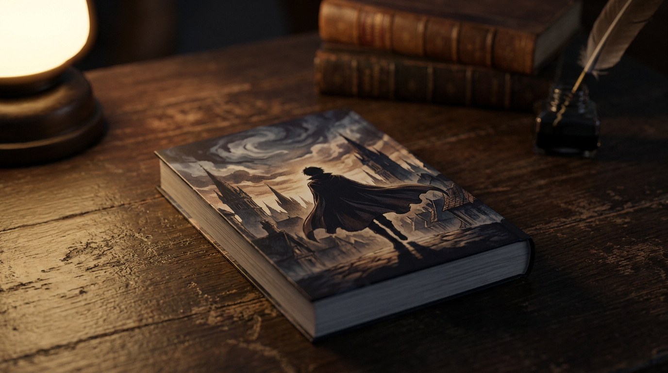Livre illustré posé sur un bureau en bois avec une silhouette en cape dans une ville gothique.