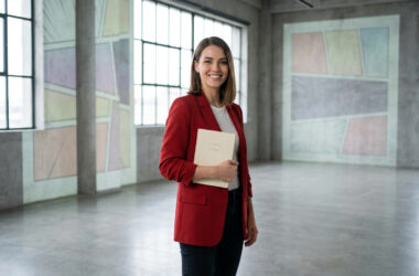 Une jeune femme en blazer rouge tenant un livre dans un espace moderne et épuré.