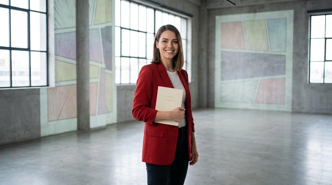 Une jeune femme en blazer rouge tenant un livre dans un espace moderne et épuré.