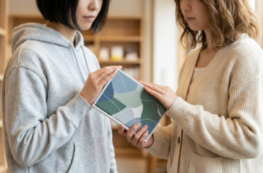 Deux jeunes femmes tiennent ensemble un livre aux motifs de feuilles dans une bibliothèque.