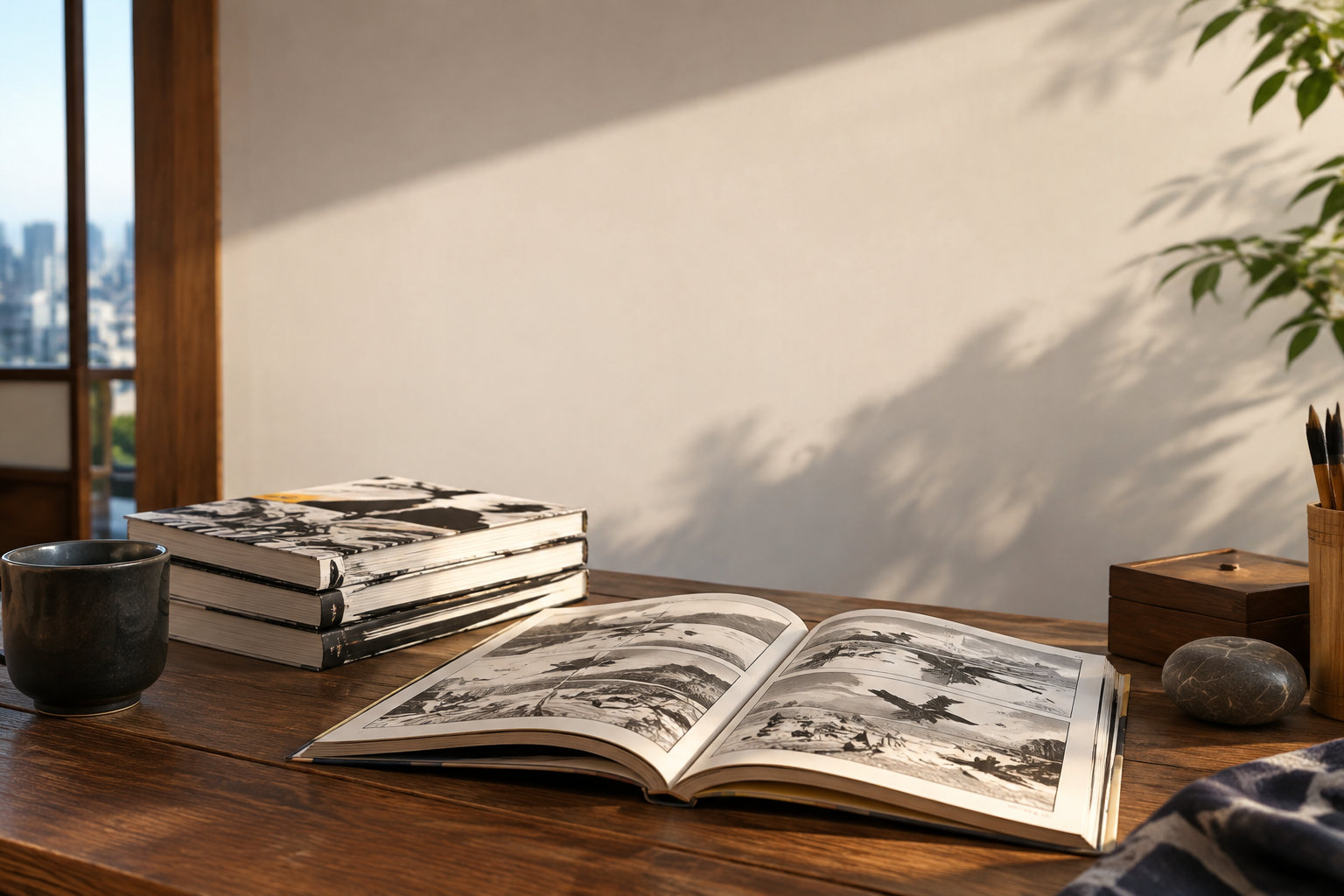 Exemplaires du manga Flying Ben posés sur une table en bois près d'une fenêtre ensoleillée.