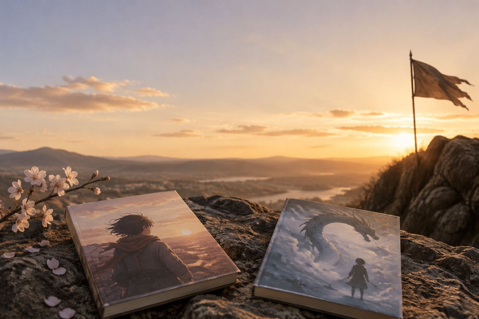 Deux livres de manga posés sur un rocher face à un coucher de soleil, avec des fleurs de cerisier au premier plan.