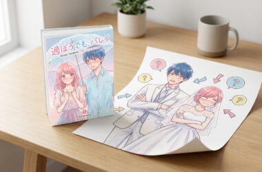 Volume 1 du manga Presque mariés accompagné de son poster exclusif sur un bureau en bois.
