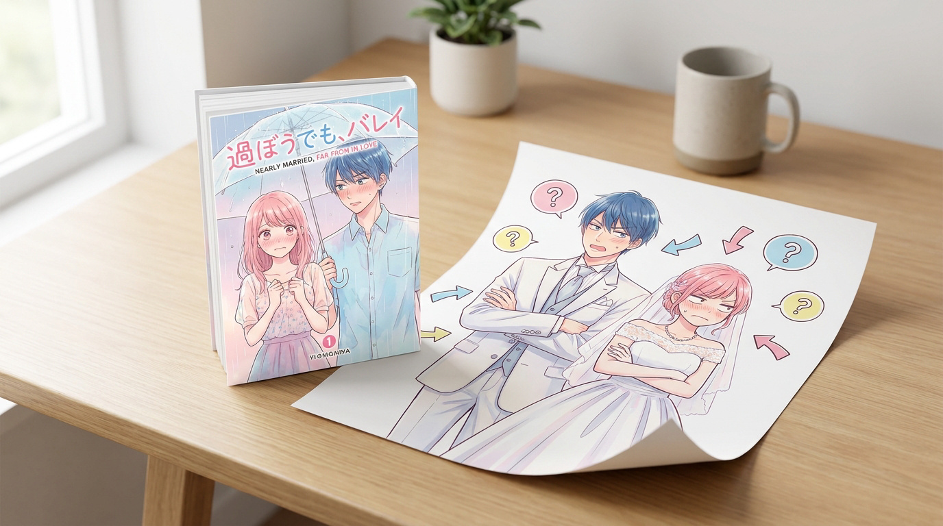 Volume 1 du manga Presque mariés accompagné de son poster exclusif sur un bureau en bois.